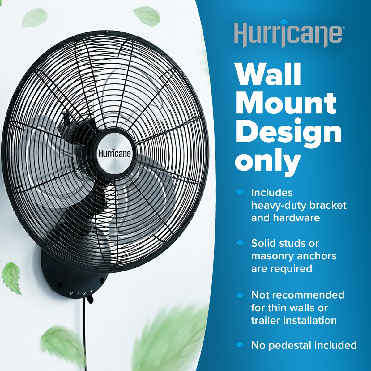 Pro High Velocity Oscillating Wall Fan, 3 Speeds, Black, 16in