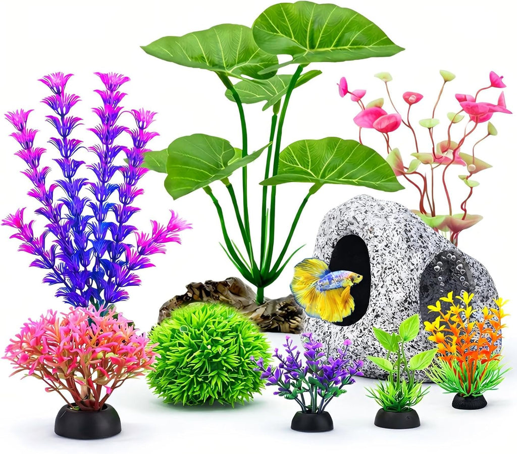 9 Fish Tank Decorations Set Aquarium Decor, Rock Cave Hideout, Artificial Aquarium Plants Plastic Betta Leaf Hammock