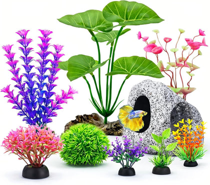 9 Fish Tank Decorations Set Aquarium Decor, Rock Cave Hideout, Artificial Aquarium Plants Plastic Betta Leaf Hammock