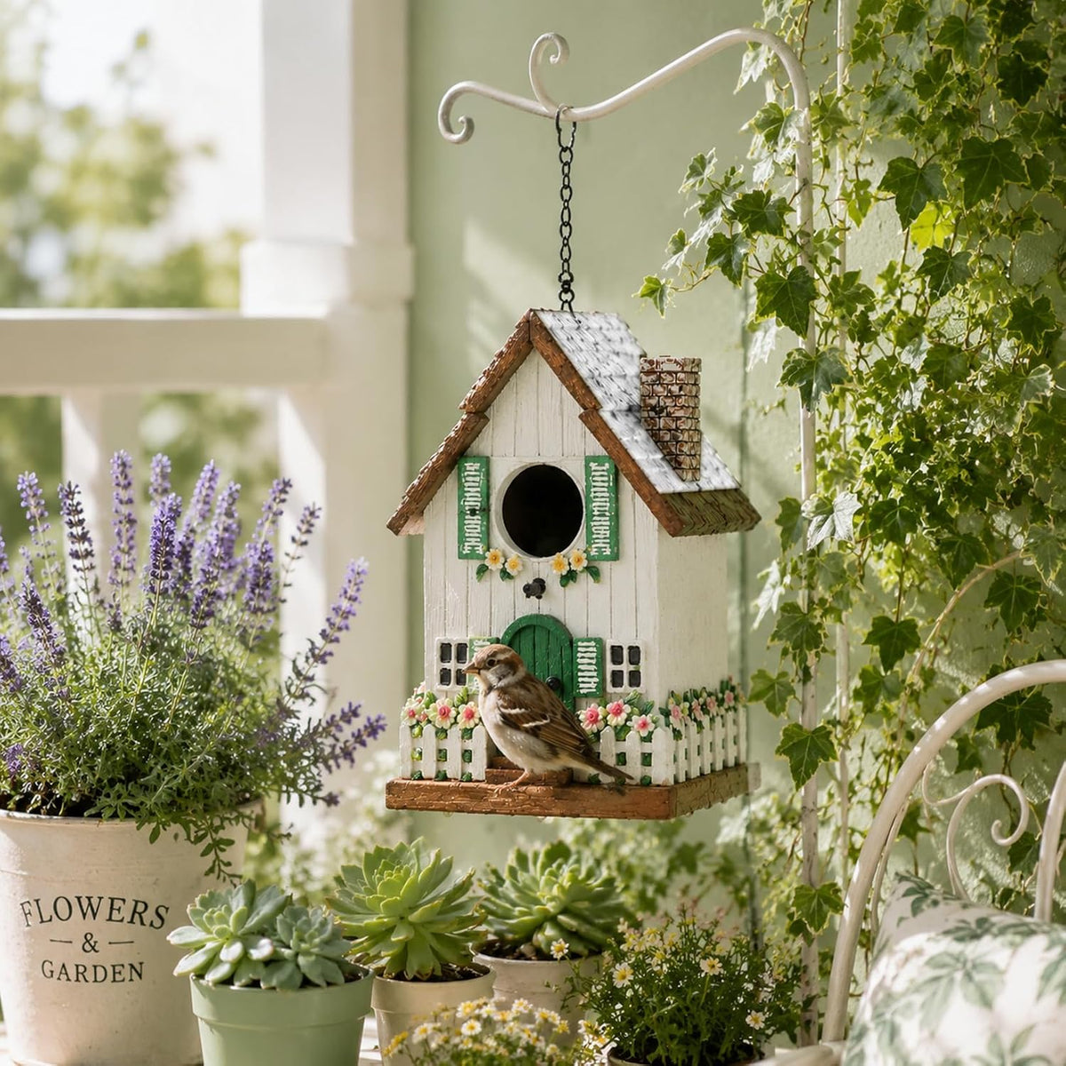 Bird Houses for Outside, Rustic Cottage Hanging Birdhouse with Thatch Roof, Hand-Painted Resin Hummingbird House