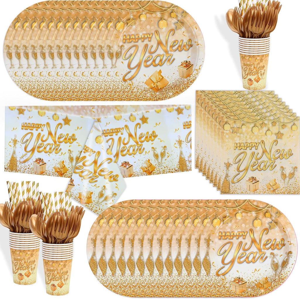 121 Pcs New Years Eve Party Supplies Dinnerware Set, Happy New Years White Gold Tablecloth Banner Plates Cups Napkins