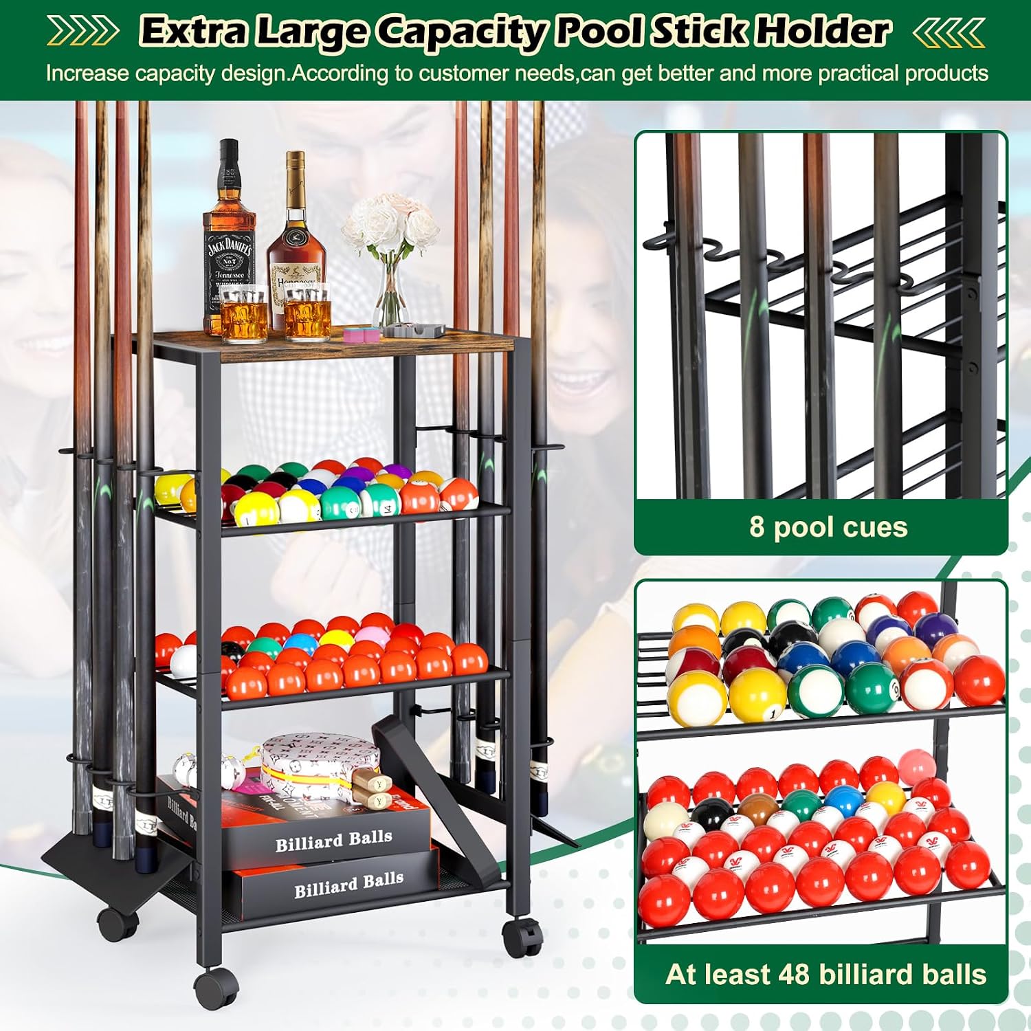 Pool Stick Holder Rack Stand for 8 Cue Sticks - Billiard Game Room Storage Cart with Organizer for Balls, Pool Table