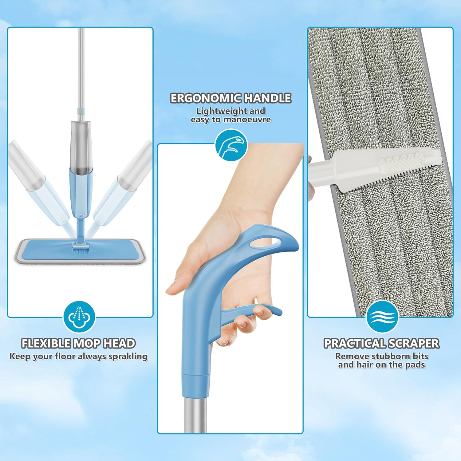 Spray Wet Mops for Hardwood Floor Cleaning: MEXERRIS Floor Mop with 3 Washable Pads for Swiffer Powermop - Refillable
