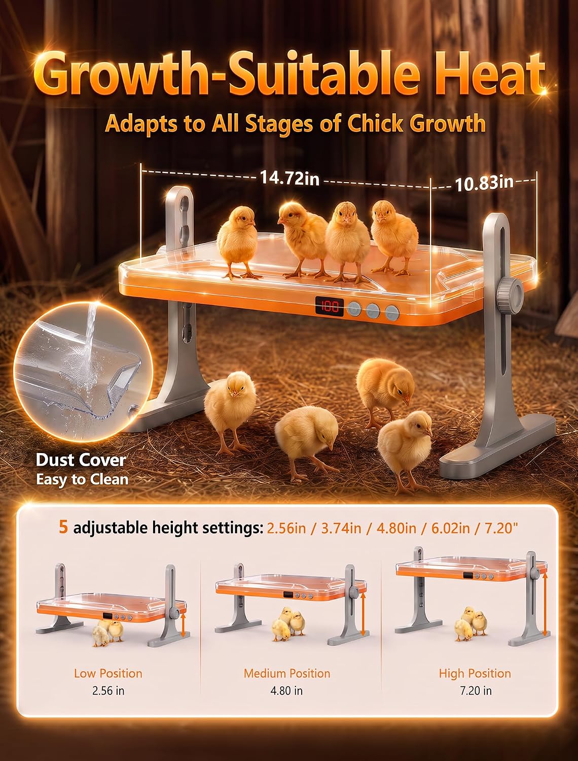 200W Multi-Angle Adjustable Chicken Coop Heater, Smart Thermostat Radiant Warmer Compatible with Timers, Remote