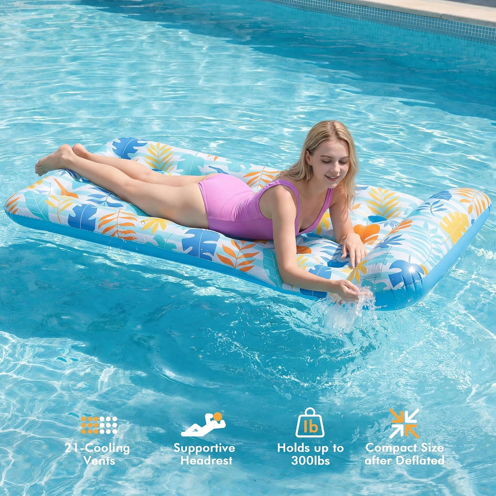 2 Pack Inflatable Pool Float Mat, Giant Pool Floats Adult Size with Headrest, Lake Float Raft Water Lounger