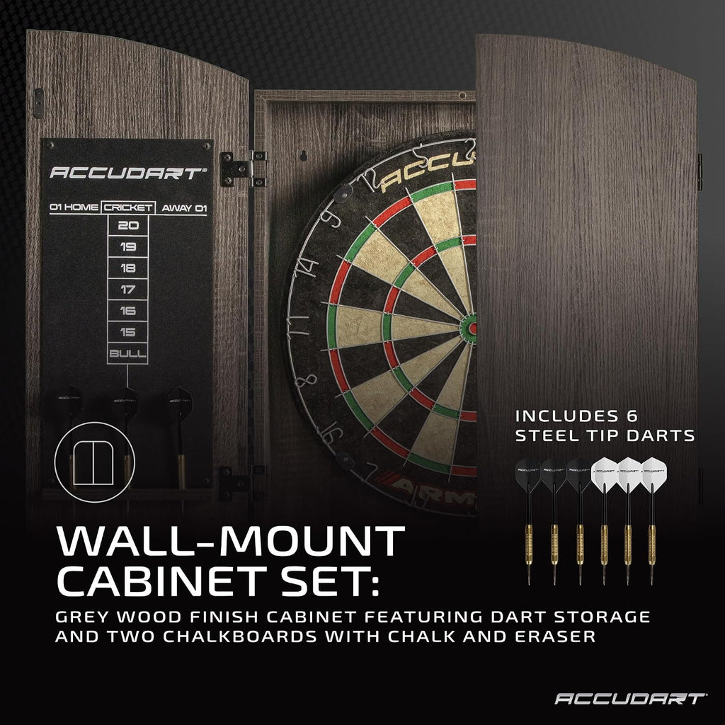Armada Bristle Dartboard Cabinet Set – Official 18” Sisal Board, Self‑Healing Fibers, Grey Wood Cabinet, Round Spider