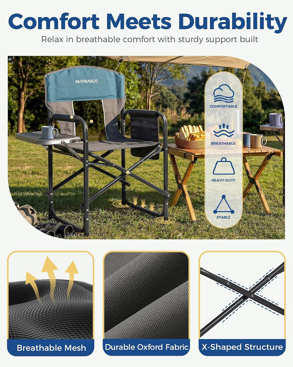Oversized Director Camping Chair 2-Pack with Side Table, Blue | Heavy-Duty Steel Frame, Practical Side Table &