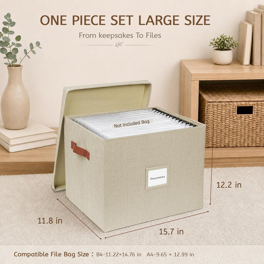 Collapsible File Storage Box with Lid - Beige