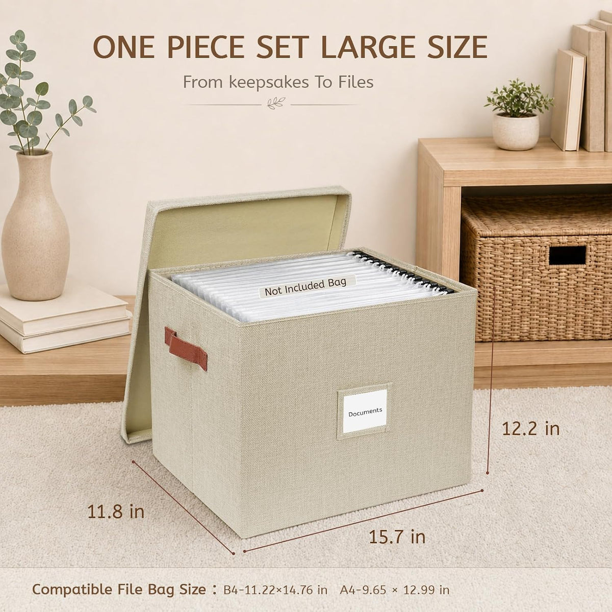 Collapsible File Storage Box with Lid - Beige