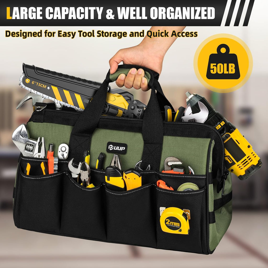 18-Inch Large Tool Bag, 16-Pocket Portable Tool Box Organizer Storage, Heavy Duty Tactical Toolbag with Big Zipper