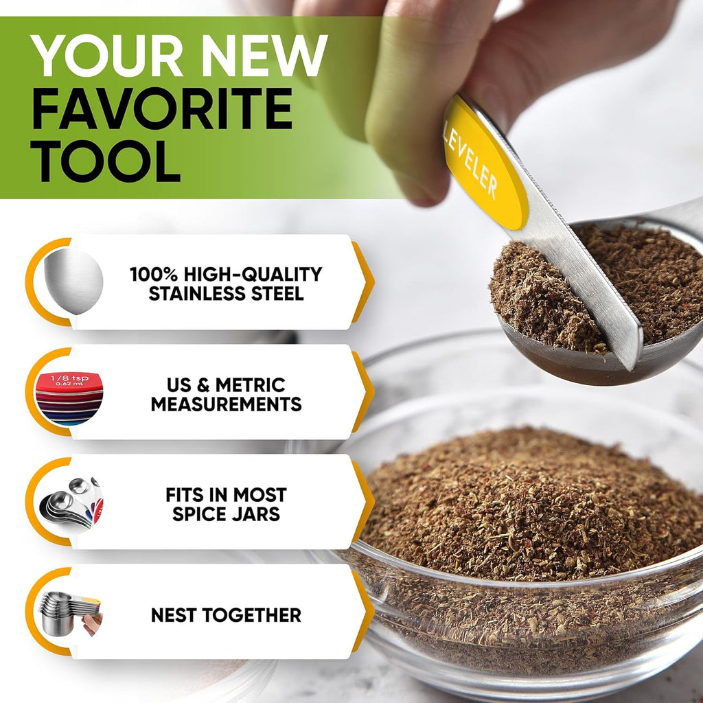 Magnetic Measuring Cups & Spoons Set, Patented, Strong N45 Magnets, Heavy Duty Stainless Steel Fits in Spice Jars for