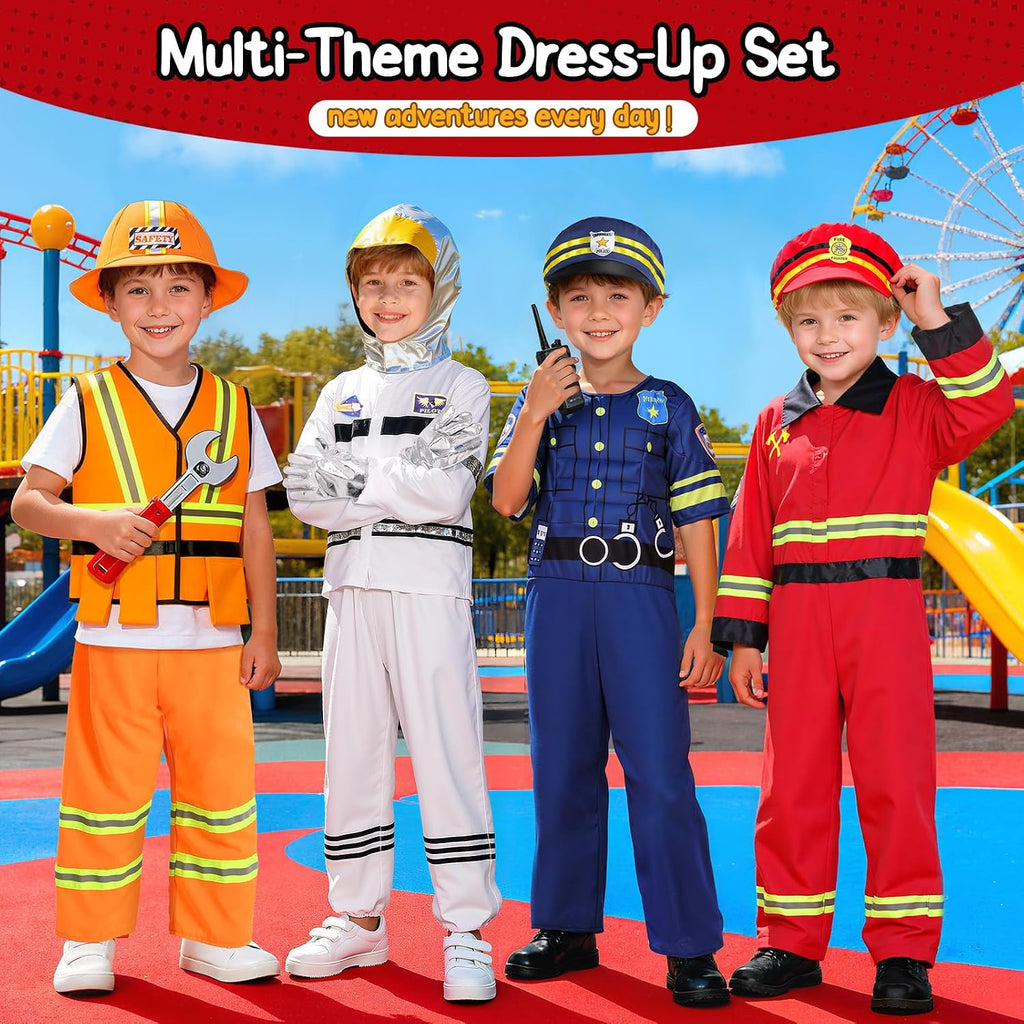 Kids Pretend Role Play Costumes, Dress Up Clothes for Toddlers | 4 Sets Astronaut, Policeman, Firefighter, Engineer