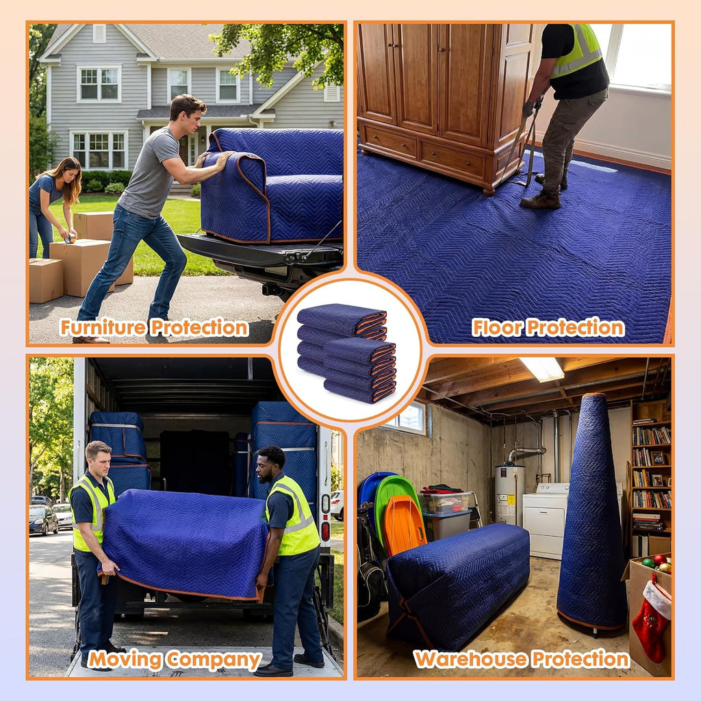 8 Pack Dual Size Heavy Duty Moving Blankets, Quilted Furniture Shipping Pads - 4 Medium(72"x40") + 4 Large (72"x80")
