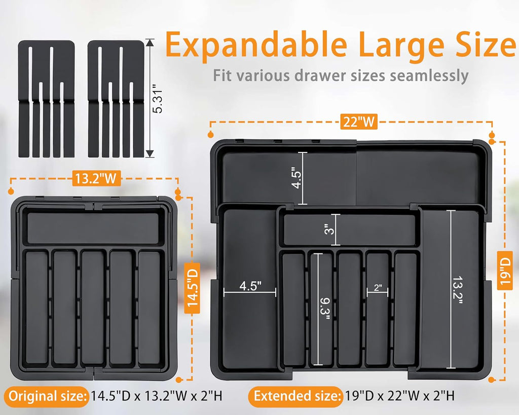 Silverware Organizer - Expandable Large Kitchen Drawer Organizer Utensil Organizer with 2 Removable Knife Blocks