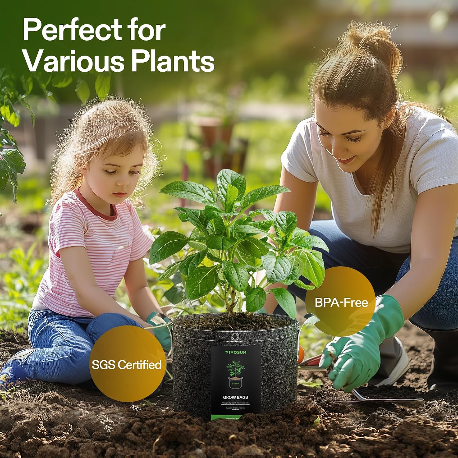 VIVOSUN 5-Pack 5 Gallon Grow Bags, 500G Thick Nonwoven Fabric Pots with Strap Handles, Multi-Purpose Rings, for Low