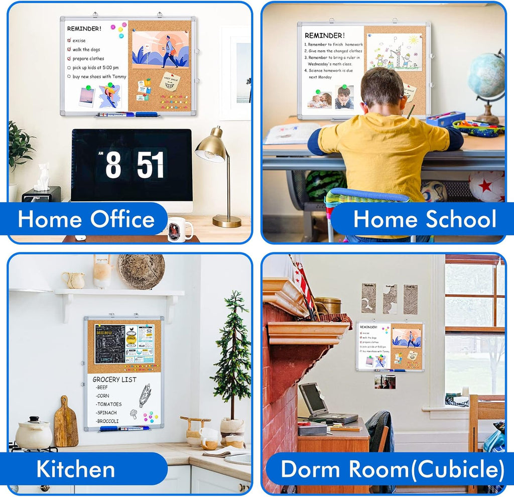 Magnetic White Board and Cork Board Combo, 24 X 18 inches Whiteboard Bulletin Combination Board, Wall Mounted Dry