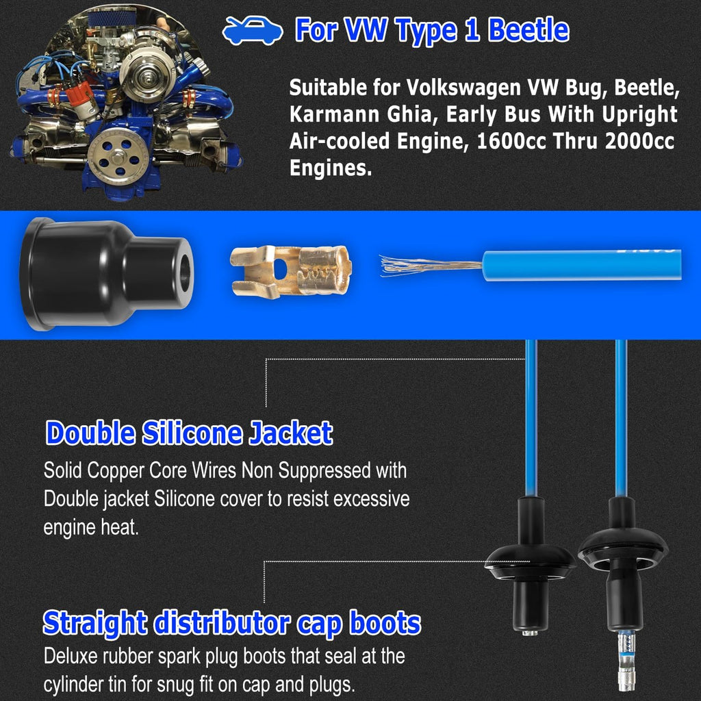 7mm Blue Silicone Ignition Plug Wires Set, 00-9407-0 Spark Plug Wire Set for VW Type 1 Bug, Beetle, Karmann GHIA