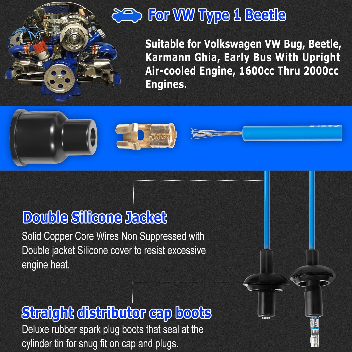7mm Blue Silicone Ignition Plug Wires Set, 00-9407-0 Spark Plug Wire Set for VW Type 1 Bug, Beetle, Karmann GHIA