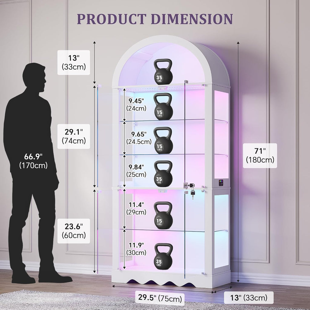 6-Tier Arched Glass Display Cabinet with RGB Lights & Lock | Curio Display Case, Glass Doors, Adjustable Large