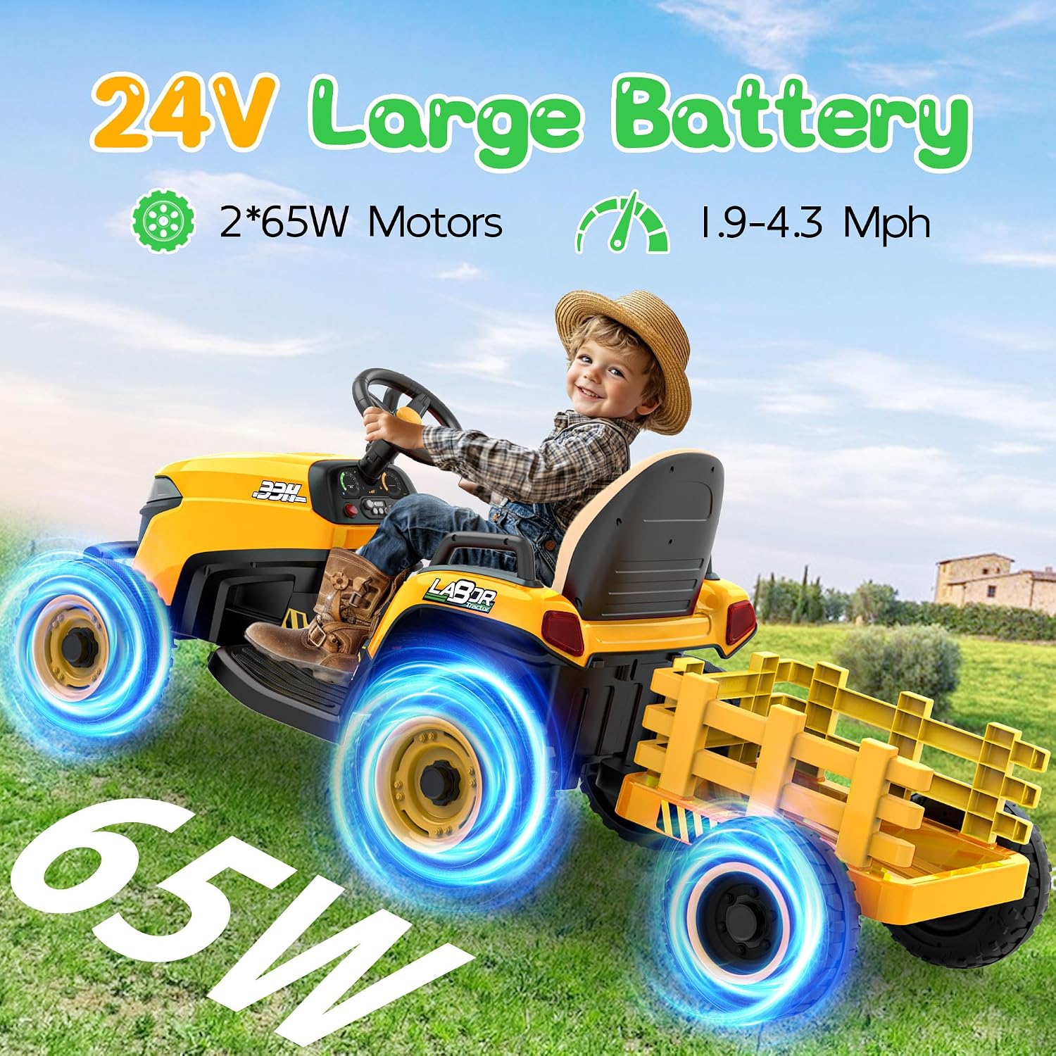 24V Ride On Tractor w/Tiltable & Detachable Trailer, EVA Tires, Up to 4.3Mph, Ride On Toys with Parental Remote