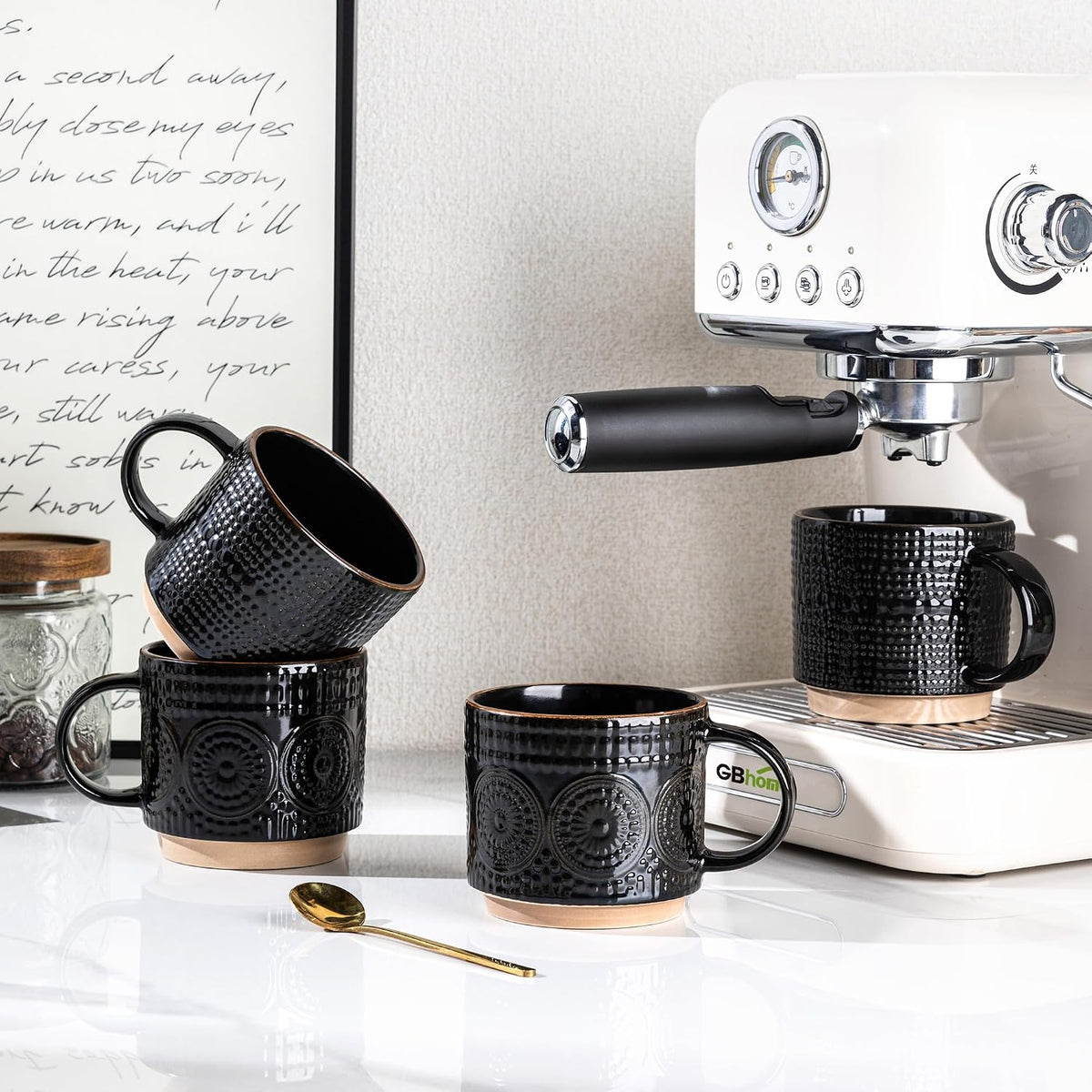 12OZ Stackable Coffee Mugs, Ceramic Coffee Mugs with Texture Patterns for Man,Woman,Dad,Mom, Modern Coffee Mugs Set