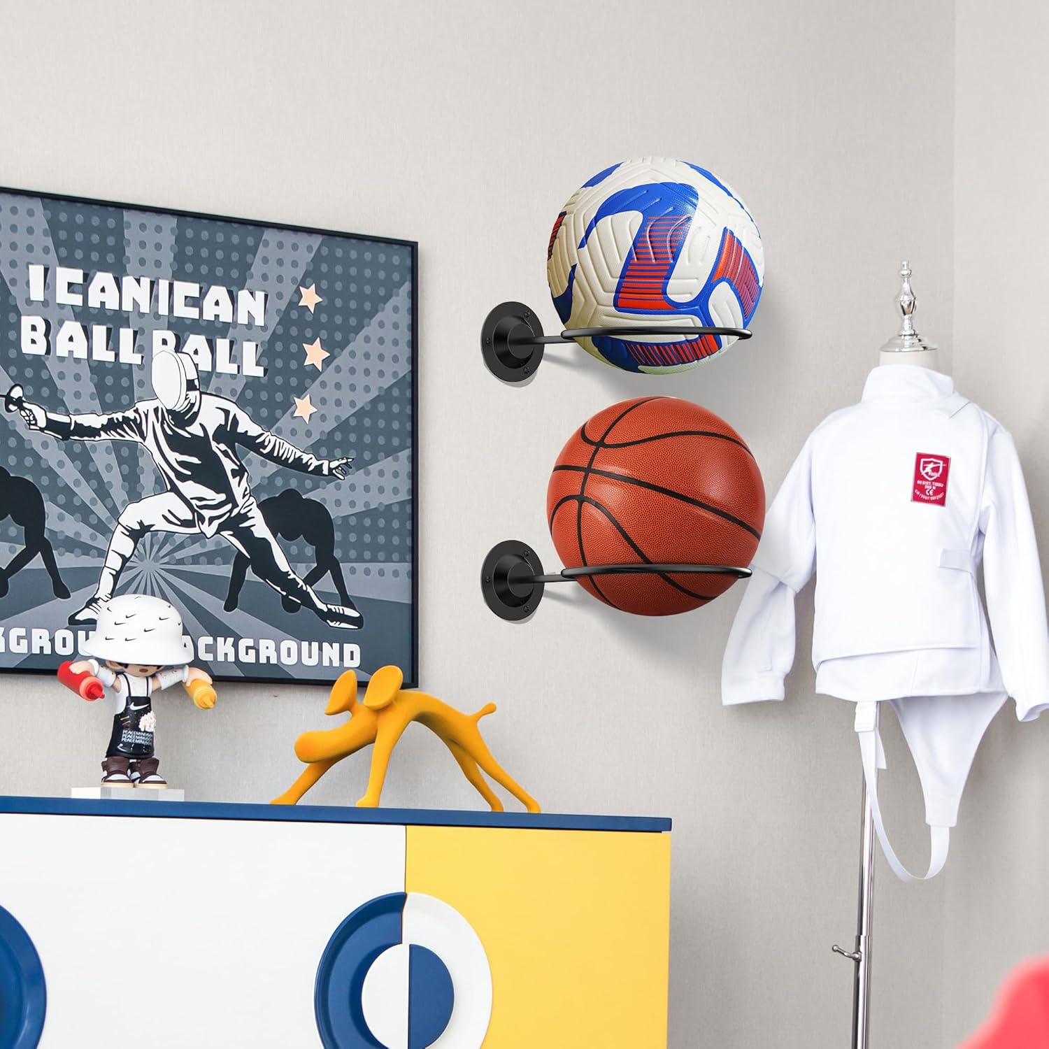 Basketball & Sports Ball Holder - Wall Mount Display Storage for Basketball, Soccer, Volleyball, Football, Rugby