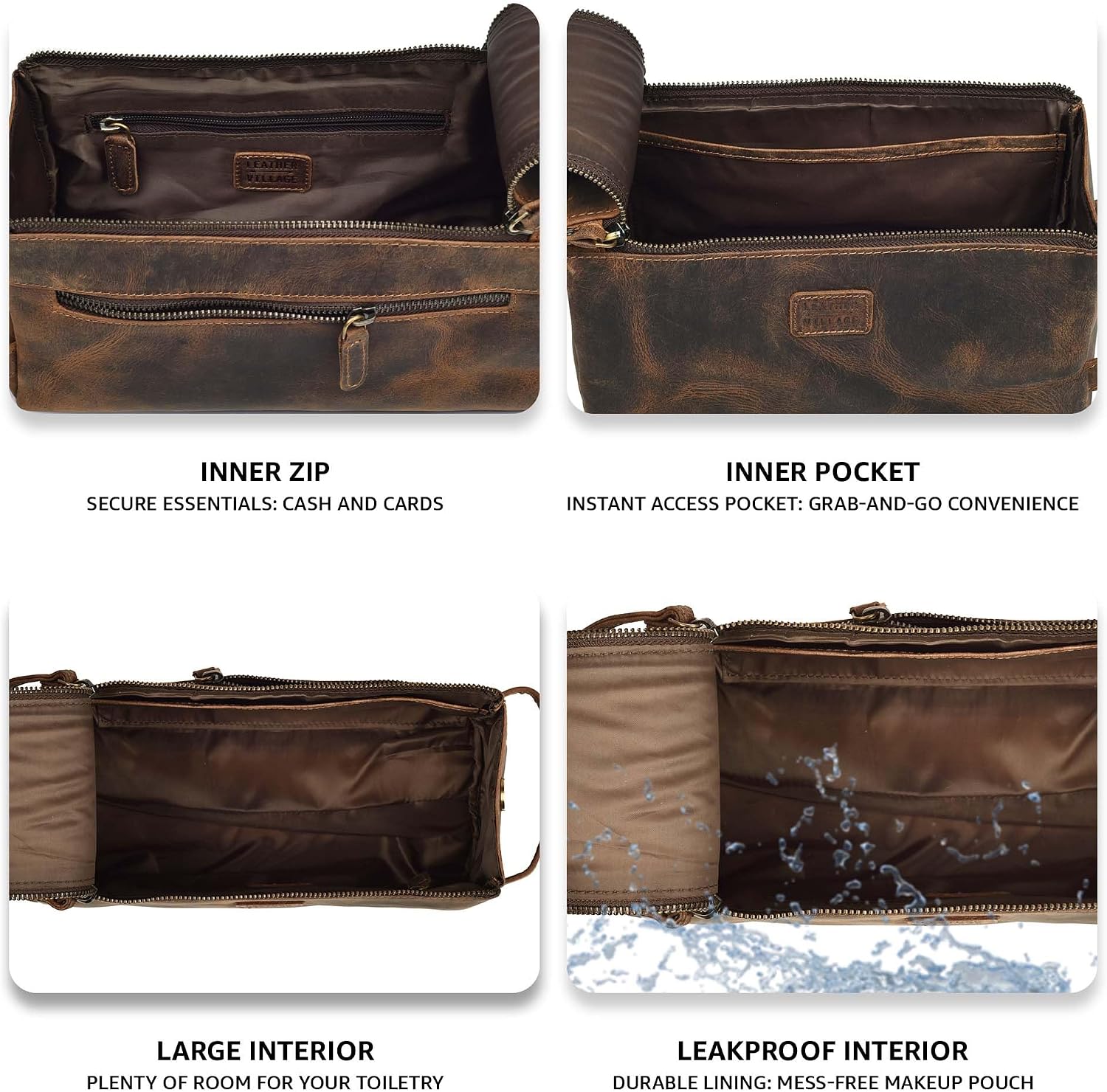 Genuine Leather Travel Toiletry Bag - Water-Resistant Dopp Kit for Toiletries, Large Shaving Bag & Bathroom Organizer
