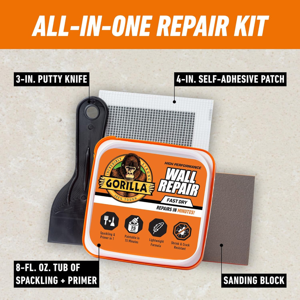 Wall Repair Kit, Heavy Duty Spackling, 8 fl oz Tub, 4 in Patch | Includes 3 in Putty Knife, Sanding Block