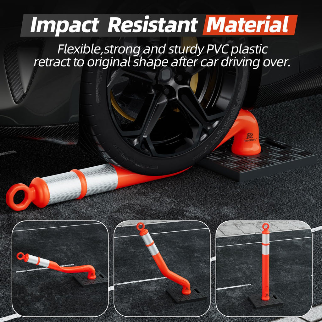 42 Inch Orange Traffic Delineator Post Cones with Base, 3 Pack | Portable Safety Traffic Posts, Reflective Collars