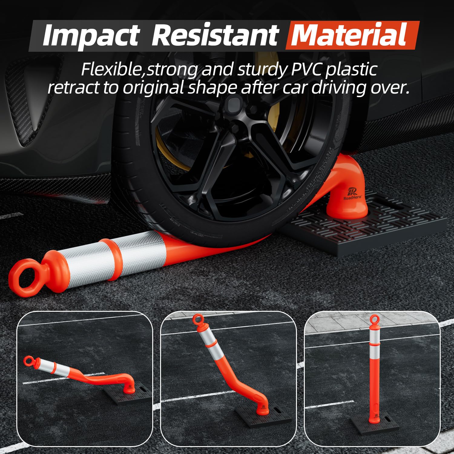 42 Inch Orange Traffic Delineator Post Cones with Base, 3 Pack | Portable Safety Traffic Posts, Reflective Collars