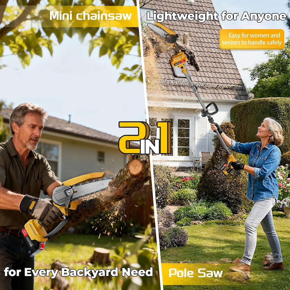 2-in-1 Cordless Pole Saw & Mini Chainsaw, 6-Inch Battery Powered Tree Trimmer with 4.4ft Extension Pole, 2 Batteries