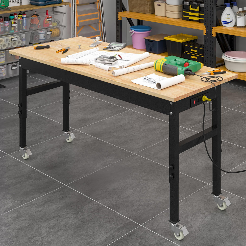 48" Adjustable Work Bench, Rubber Wood Top Workbench