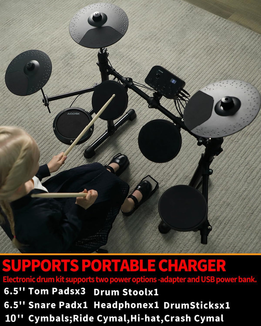Electric Drum Set For Beginner 150 Sounds,4 Quiet Drum Pads,2 Pedals | 10"Cymbals,Throne,Sticks,USB MIDI,Electronic