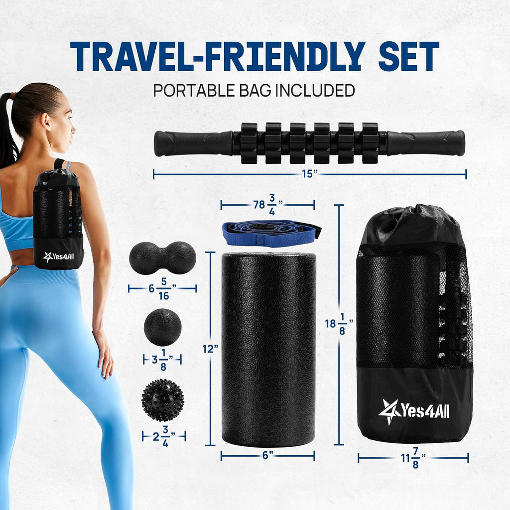 Foam Muscle Roller Set, 7-in-1 High-Density Set of Back Roller, Fascia Massage Tool, Stretch Strap, Spiky, Peanut &