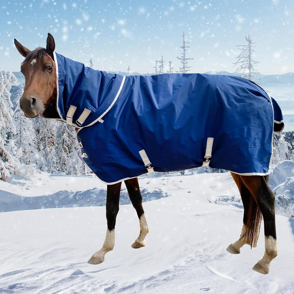 1200D Winter Waterproof Horse Trunout Blanket, 280g Warm Cotton Filling Liner with Turnout Neck Cover Detachable