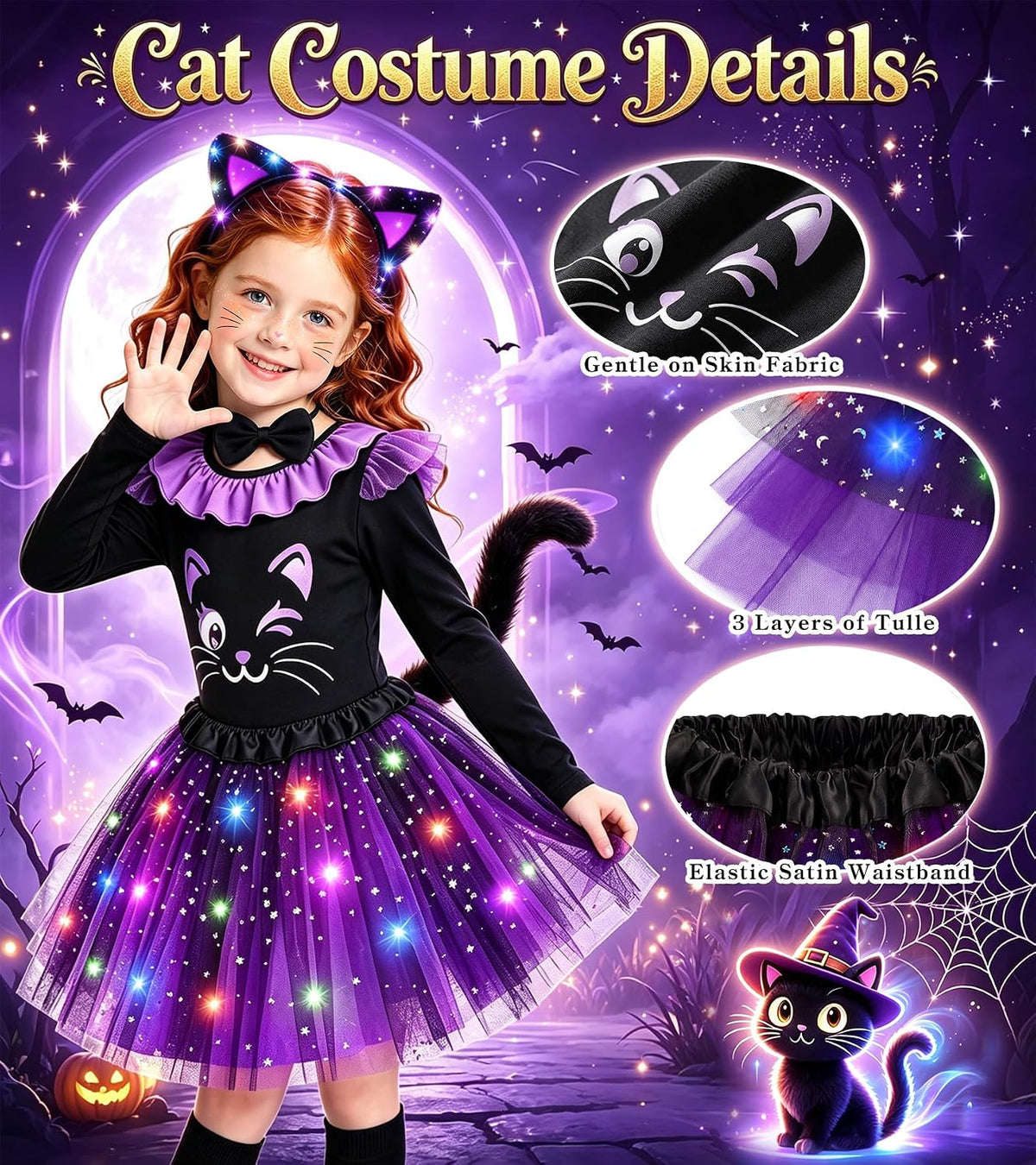 Black Cat Costume for Girls, Girls Halloween Costume Light Up Tutu Skirt