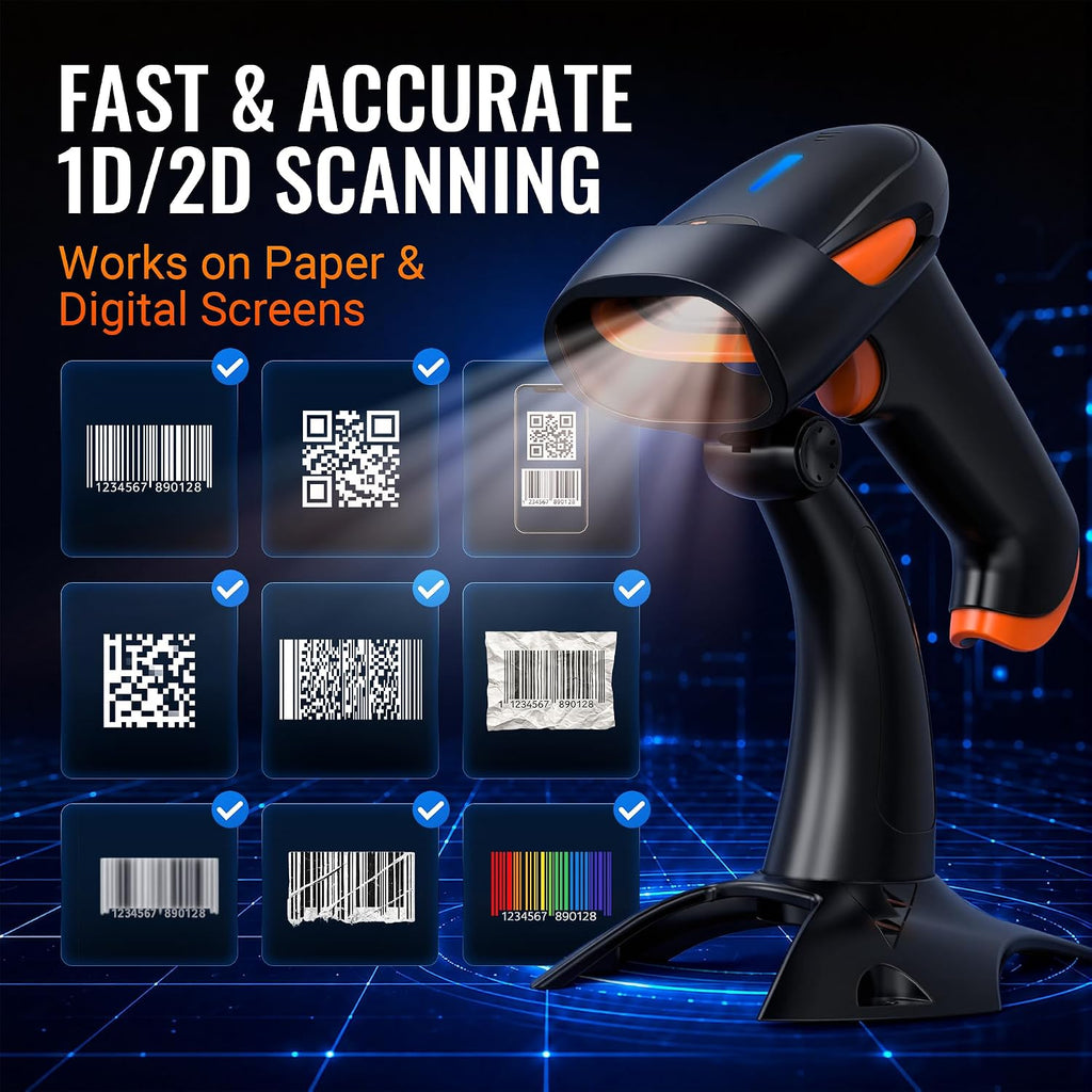Barcode Scanner Wireless with Stand: 1D 2D QR 3-in-1 Connection HW0001 | 640*480 CMOS Rolling, 2.4G BT USB, 2200mAh