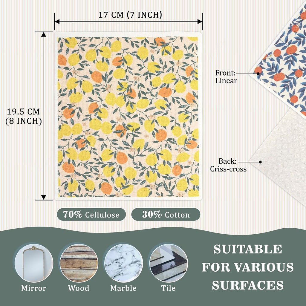 Swedish Dishcloths Dish Towels Set: Kitchen Cellulose Sponge Cloths (Fruit)