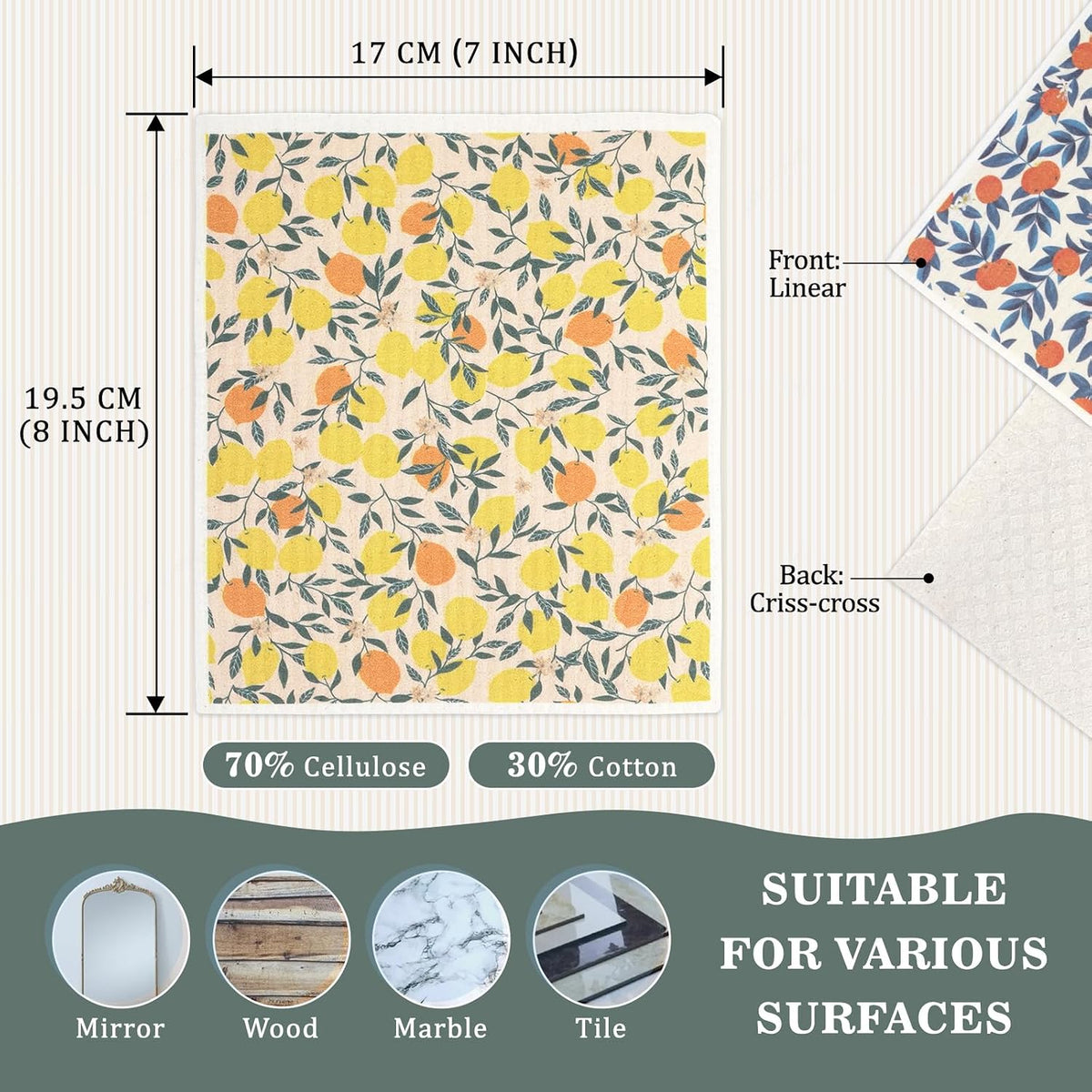 Swedish Dishcloths Dish Towels Set: Kitchen Cellulose Sponge Cloths (Fruit)