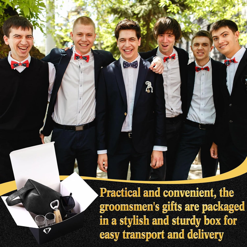 36 Pieces Groomsmen Gifts Set of 6, Groomsmen Proposal Box with Shot Glasses Sunglasses PU Leather Toiletry Bag Wood