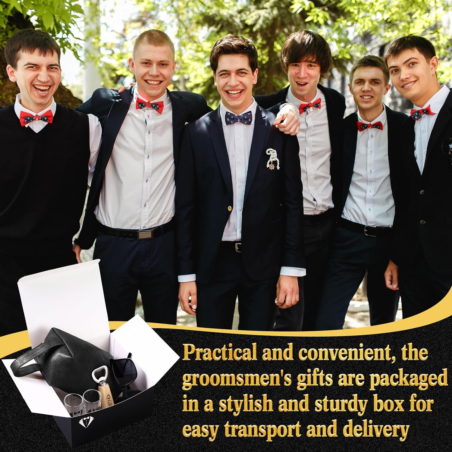 36 Pieces Groomsmen Gifts Set of 6, Groomsmen Proposal Box with Shot Glasses Sunglasses PU Leather Toiletry Bag Wood