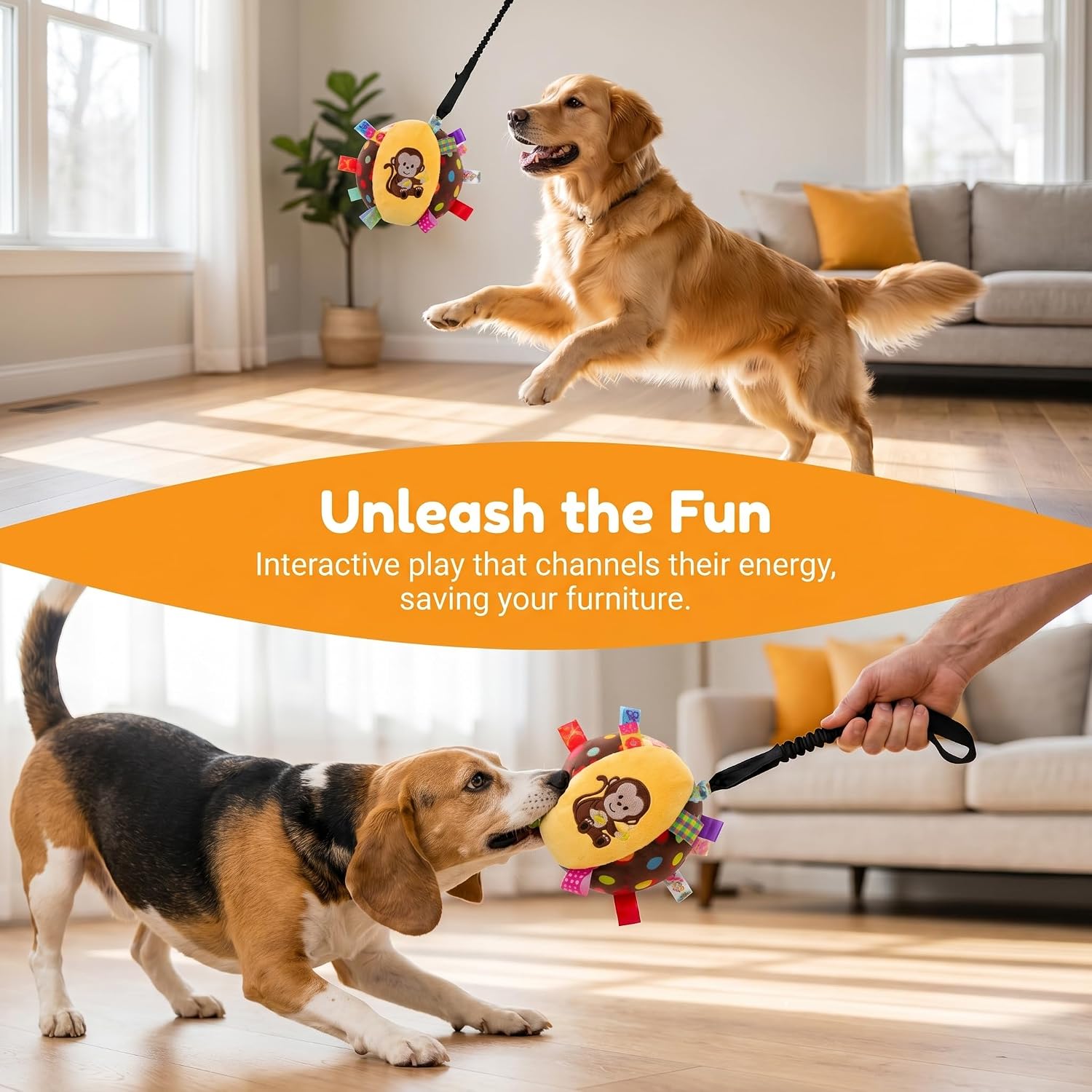 Colorful Squeaky Hanging Dog Training Toy with 60 inch Elastic Ropes Soft, 6-Inch Soft Stuffed Ball with Cotton