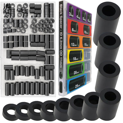 125pcs Black Nylon Round spacers for Screws Hardware spacers Standoff Assortment Kit, Non-Threaded, M6 Screws, ID