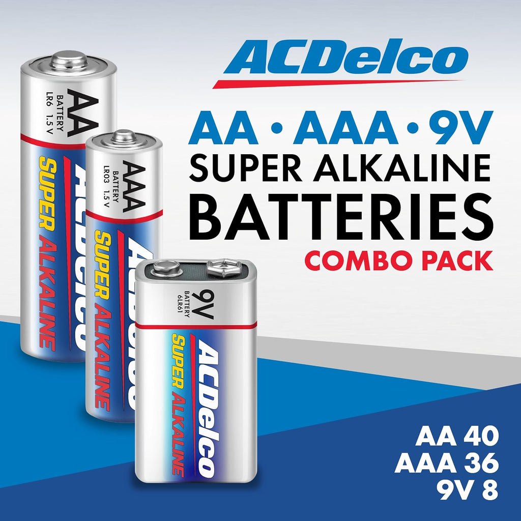 ACDelco 84-Count Alkaline Batteries, 40 Double AA, 36 Triple AAA, 8 Count of 9 Volt, Battery Combo Pack for Home and
