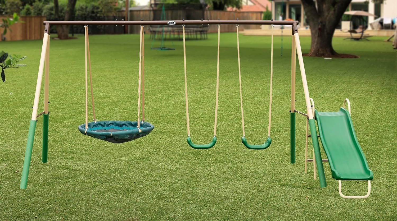 SuperDisc Swing Set with SuperDisc Swing. 5 User Capacity, Easy Assembly, Metal Frame Backyard Playground Set for