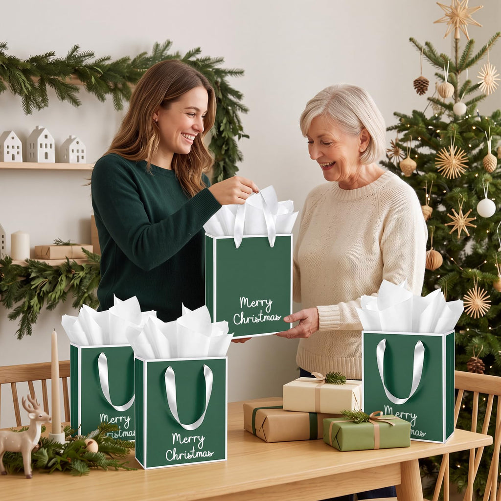 10 Pack Paper Gift Bags with Handle Tissue Paper, Green White