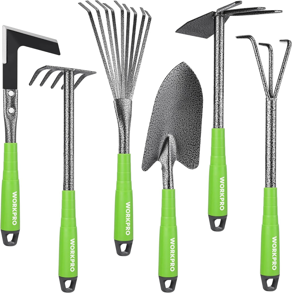 6-Piece Garden Tool Set, Heavy Duty Gardening Hand Tools with Soft Rubber Handle, Including Trowel, Rakes, 2-in-1 Hoe