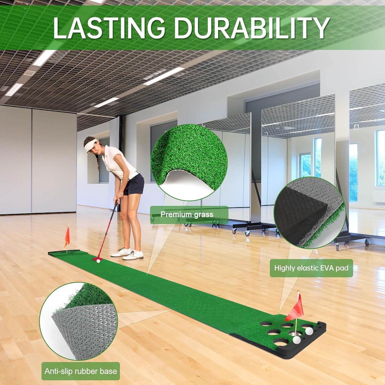 Golf Putting Game Set,Indoor Putting Green Mat with Front Border | Golf Putting Mat Include 4 Golf Balls,1 Portable