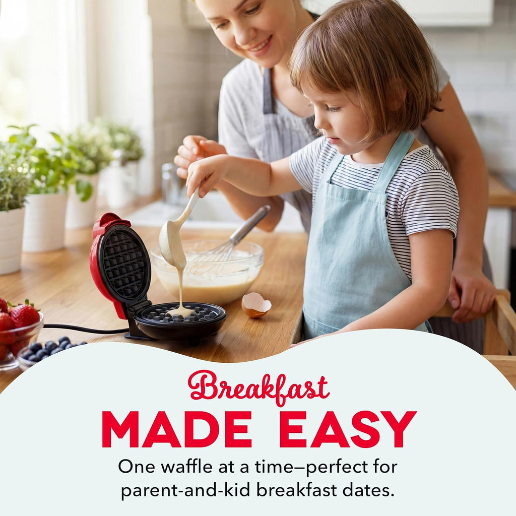 Mini Waffle Maker, 4-Inch Nonstick Cooking Surface, Red | Small Waffle Iron for Dorms & RVs, Chaffle Maker & Compact