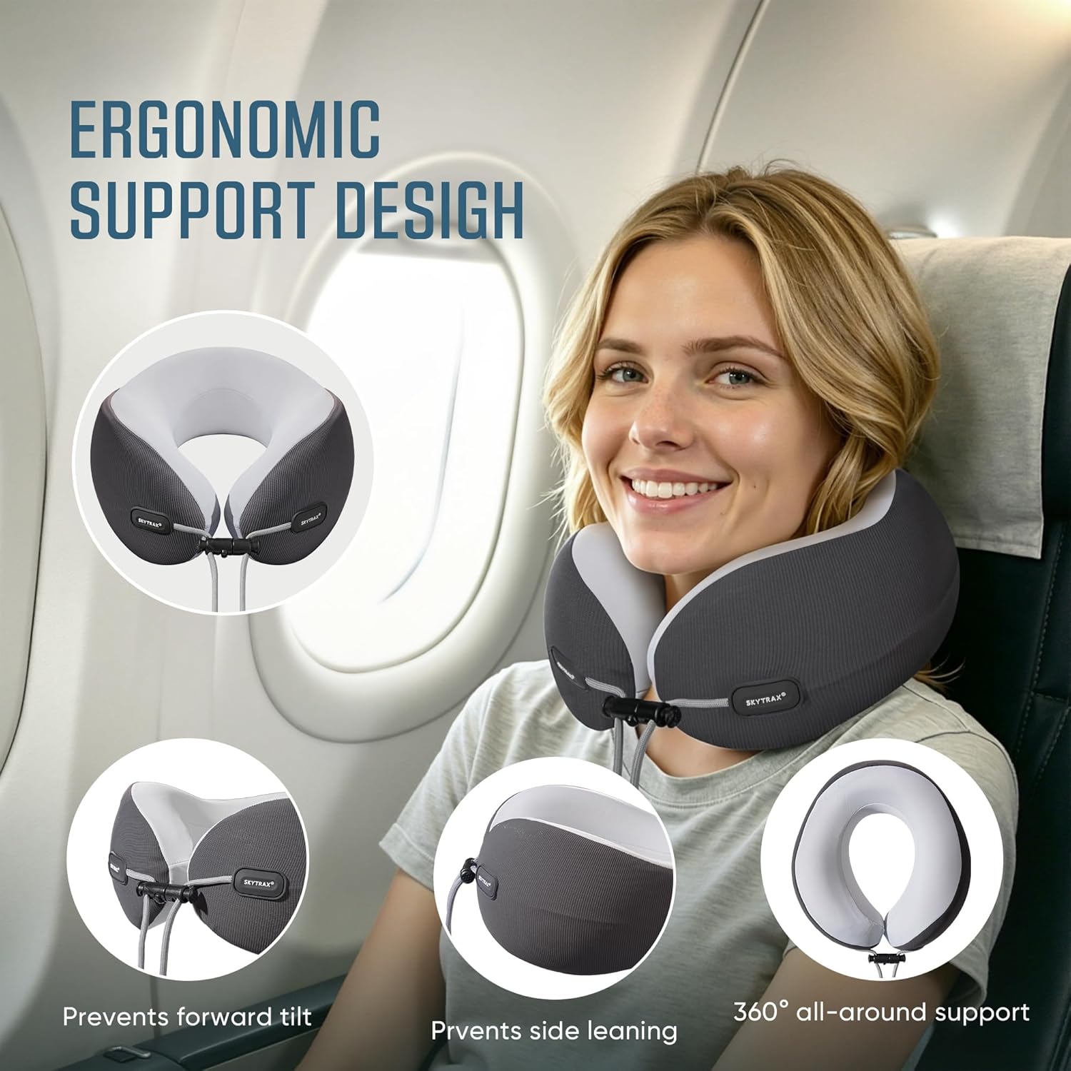 Premium Ergonomic Memory Foam Travel Neck Pillow, Washable Cooling Ice Silk Cover, Firm Neck Support for Airplane